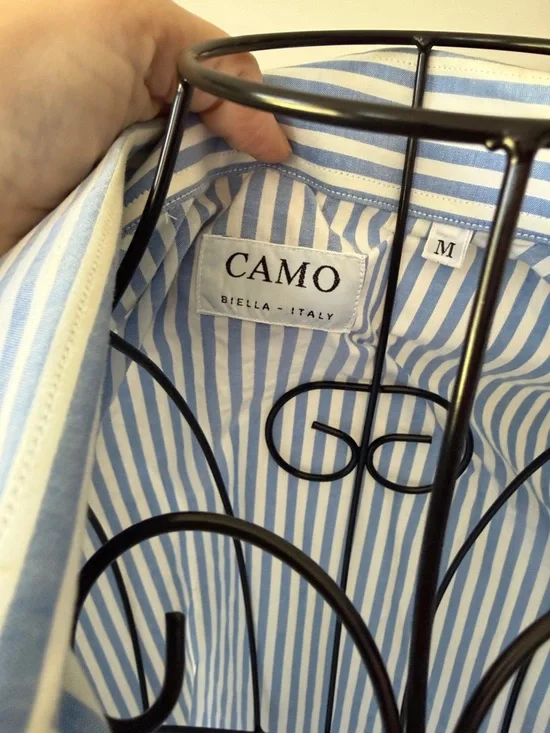 Camo Blue & White Striped Women's Button-Down Shirt - Picture 3 of 7